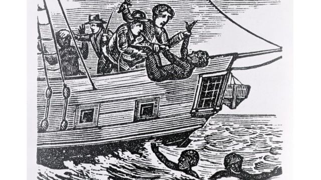 Tripulação de navio jogando escravos ao mar, ilustração do livro 'American Slave Trade', de Jesse Torrey, 1822