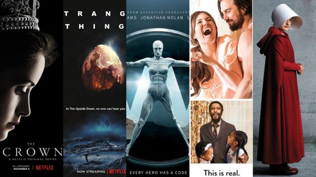 Carátulas de varias series nominadas a los Emmy 2017: The Crown, Stranger Things, Westworld, Ths is Us y The Handmaid's Tale