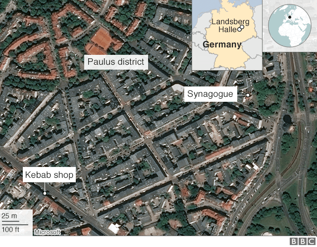 Map of where shootings were reported in Halle