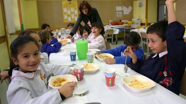 Niños italianos comiendo en clase