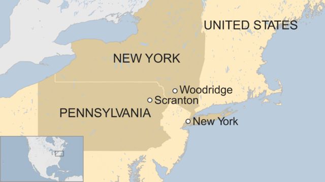 Map showing New York, the village of Woodridge, and Scranton, Pennsylvania