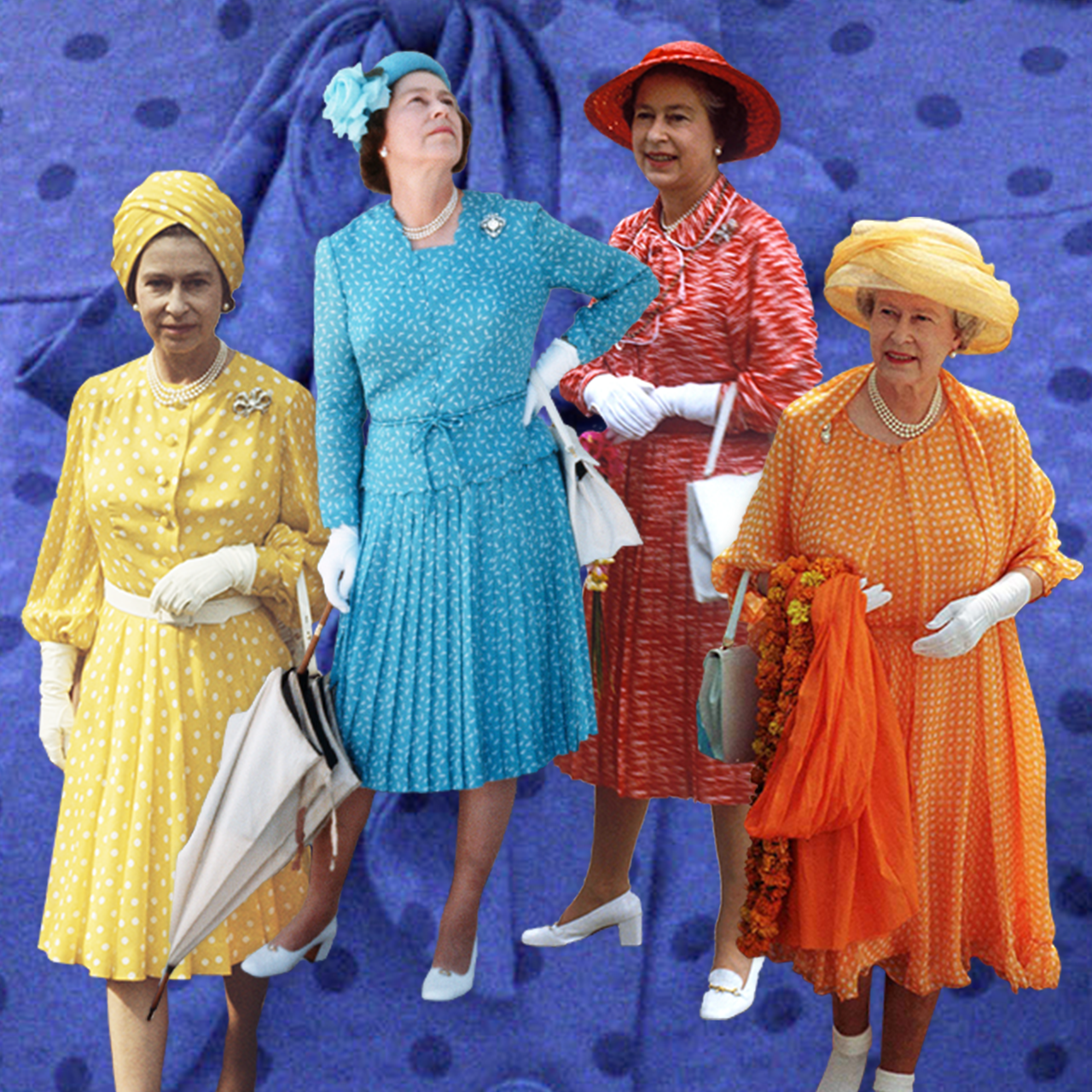La reine Elizabeth II en quatre robes à imprimé floral coloré avec des chaussures blanches et des sacs à main