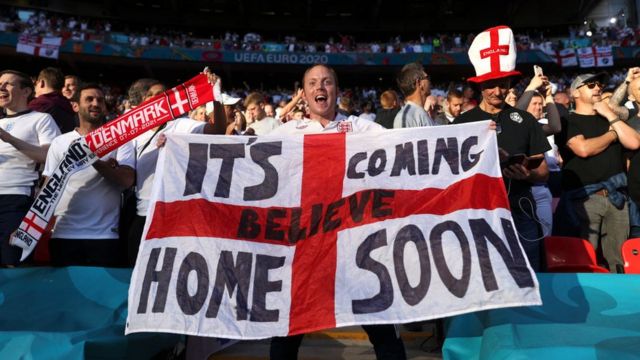 English football fans at Wembley Stadium.