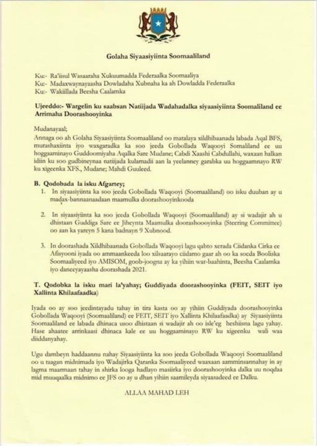 Warqadda "Golaha Siyaasiyiinta Somaliland"
