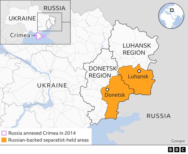 Carte montrant les régions de Donetsk et de Luhansk dans l'est de l'Ukraine et les zones tenues par les séparatistes soutenus par la Russie au sein de ces régions.