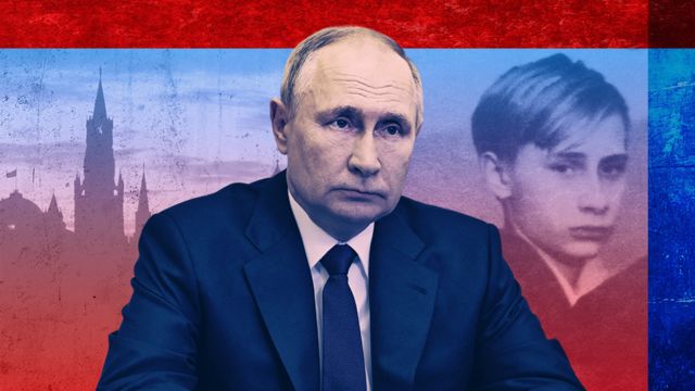 Montagem de Vladimir Putin atualmente e quando era criança