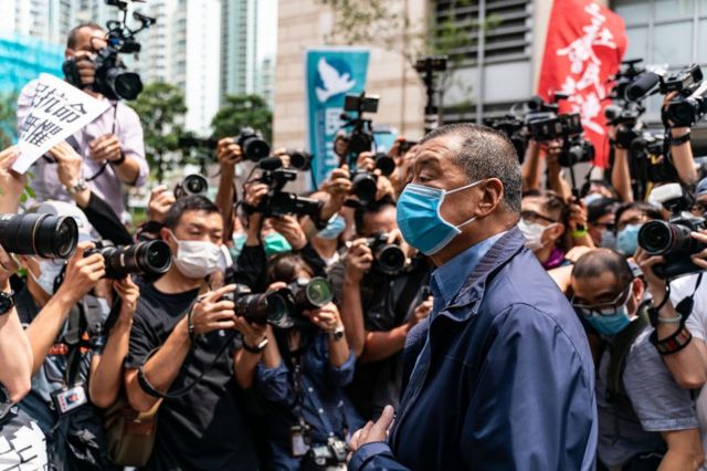 Hong Kong media tycoon and founder of Apple Daily newspaper Jimmy Lai arrives at the West Kowloon Magistrates' Court on May 18, 2020 in Hong Kong,