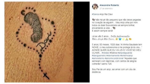Postagem em rede social mostra tatuagem feita por Alexandre Roberto em homenagem ao filho Davi