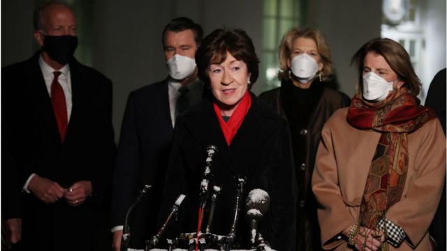 U.S. Sen. Susan Collins (R-ME) speaks to reporters as (L-R) Rep. Jerry Moran (R-KS), Rep. Todd Young (R-IN), Sen. Lisa Murkwoski (R-AK) and Sen. Shelley Moore Capito (R-WV) after meeting with President Joe Biden and Vice President Kamala Harris in the Oval Office at the White House February 01, 2021 in Washington, DC