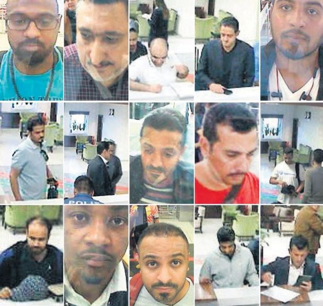 Frame grabs taken off CCTV video made available through the Turkish Newspaper Sabah allegedly shows members of a group of Saudi citizens that Turkish police suspect of being involved in the murder of Jamal Khashoggi, at Istanbul's Ataturk airport on 2 October 2018
