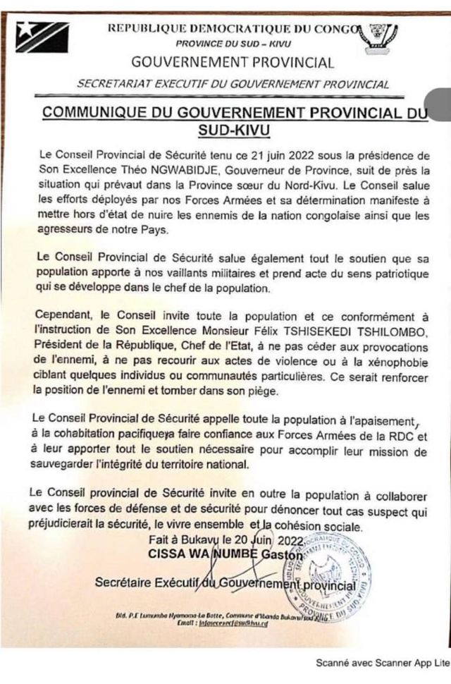 Scan d'un communiqué du gourvernement provincial du Sud-Kivu