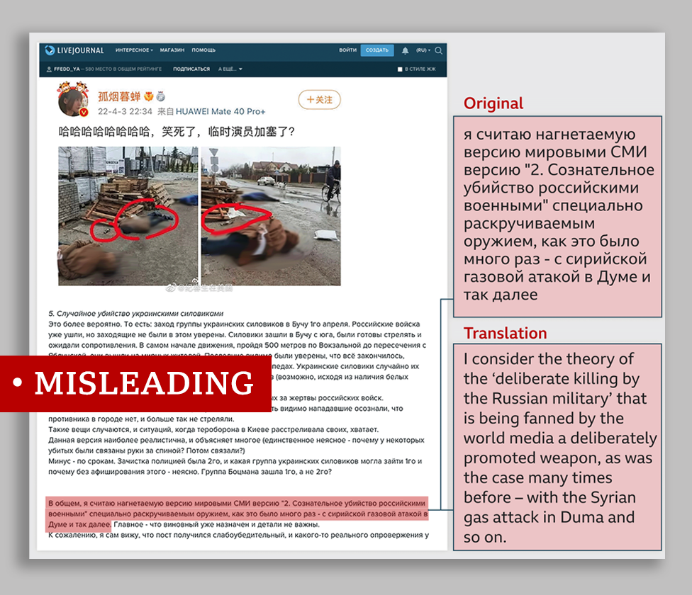 The screenshot shows a pro-Kremlin blog post denying the involvement of Russian soldiers in the Bucharest killings.