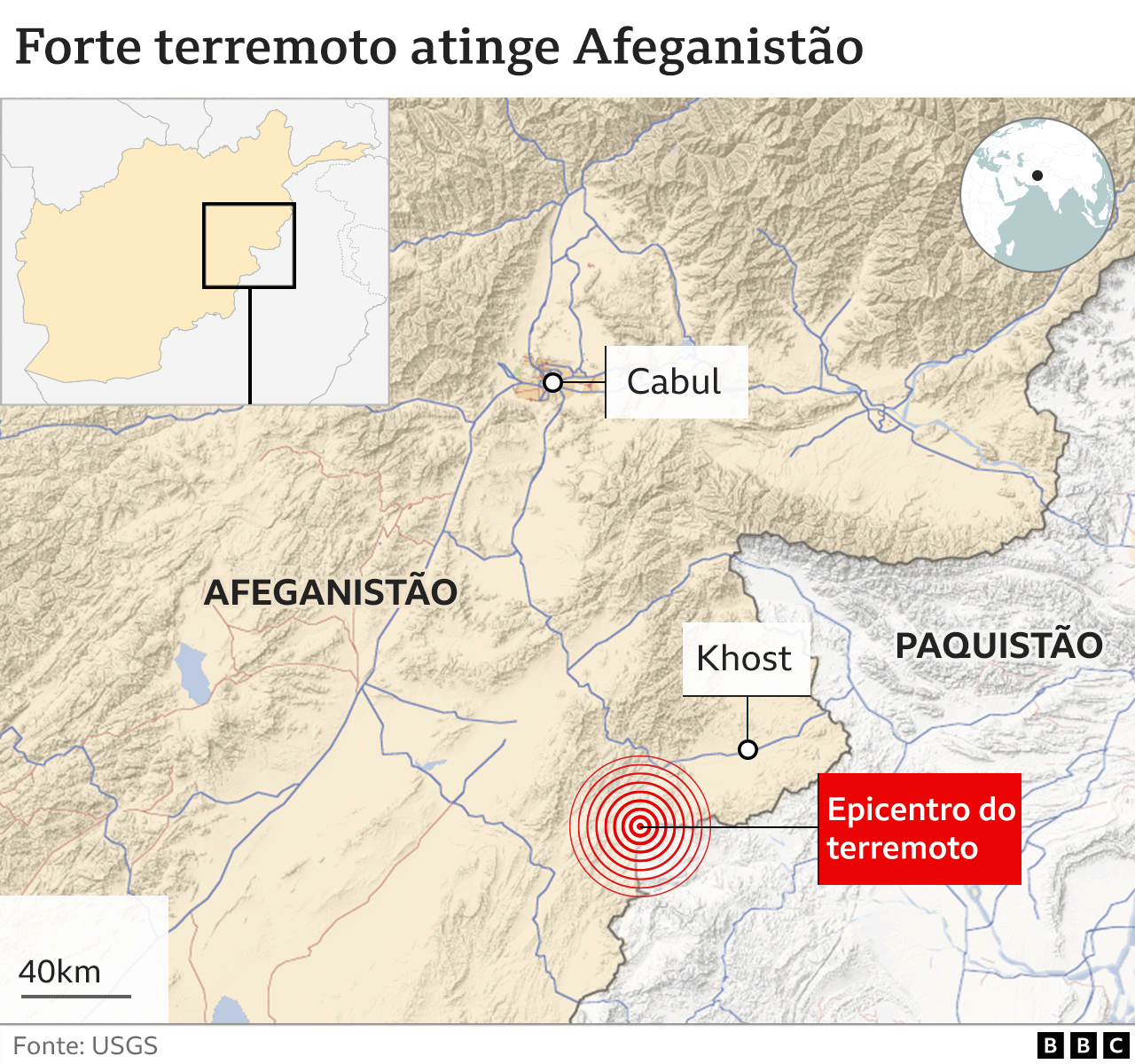 mapa do epicentro do terremoto, da área mais atingida e da capital do país