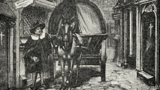 Ilustración que muestra un carro que recoge muertes durante la plaga en Londres en el siglo XVII