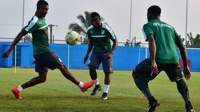 Des joueurs Ivoiriens à l'entrainement à Oyem le 14 janvier