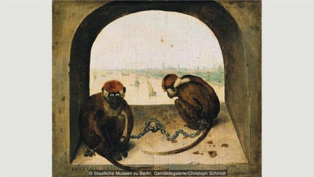 艺术史学家认为，勃鲁盖尔的《两只猴子》（1562）题材简单而又令人困惑。