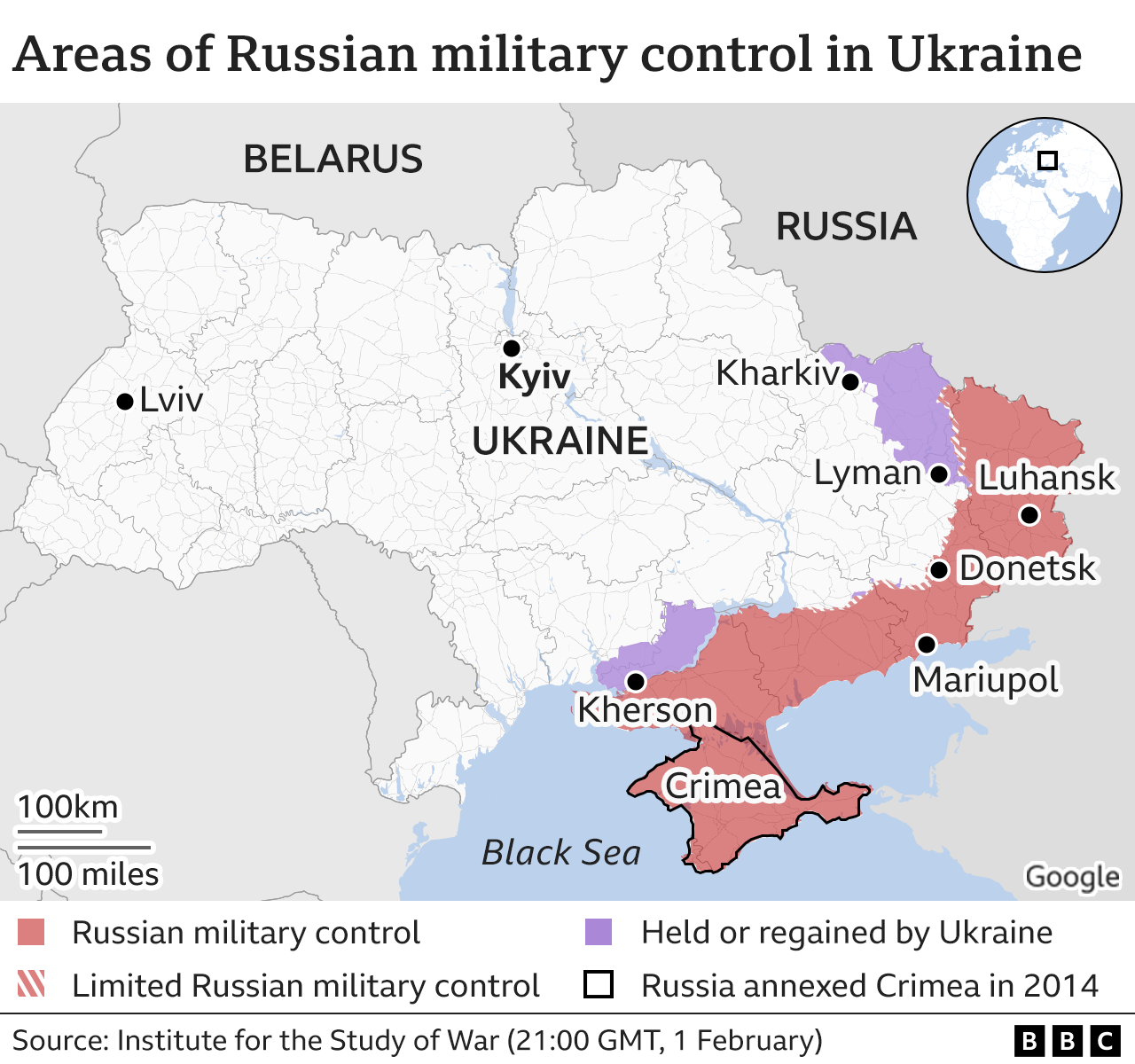 A BBC graphic showing areas of Russian control