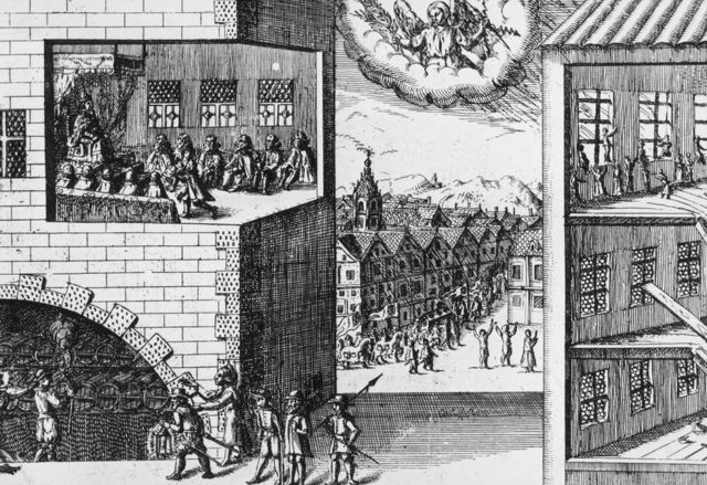 En esta ilustración holandesa de la época, el cielo guía a las autoridades a arrestar al conspirador Guy Fawkes cuando intentaba detonar 36 barriles de pólvora bajo la Cámara de los Lores durante la apertura del parlamento.