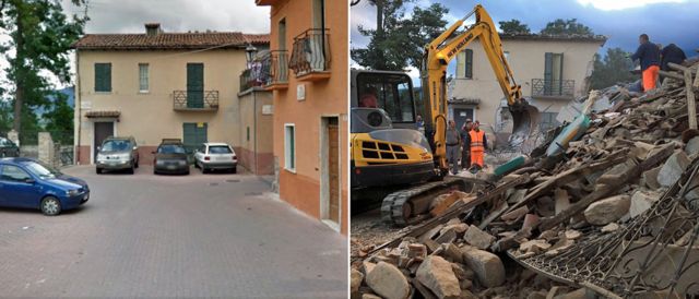 Una imagen de una casa en Amatrice quedó en pie al lado de otra destruida