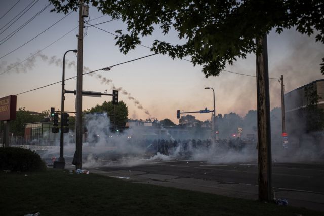 20. Minnesota state patrol break up demonstrators with tear gas and flash bangs during protests resulting from the killing of an unarmed black man, George Floyd, by police.