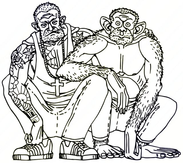 pria tato dan monyet