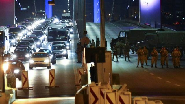 Turkish military block access to the Bosphorus bridge, which links the city's European and Asian sides, in Istanbul