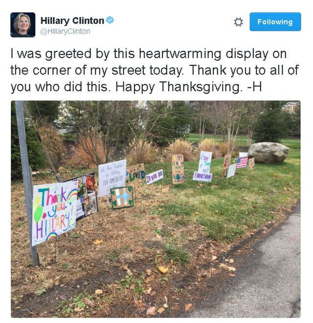 Tweet reads: I was greeted by this heartwarming display on the corner of my street today. Thank you to all of you who did this. Happy Thanksgiving. -H