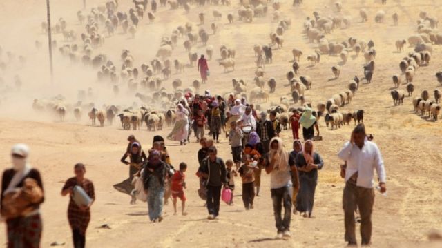 أيزيديون يفرون من سنجار بعد اجتياح التنظيم للمنطقة عام 2016