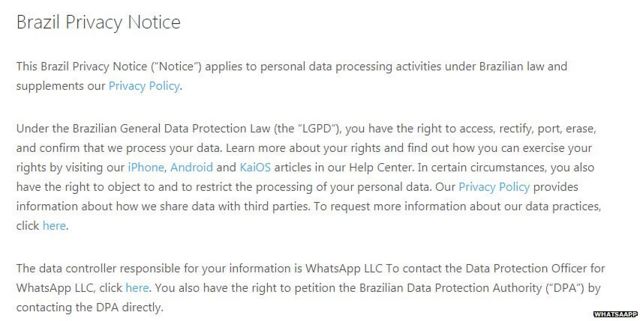ब्राज़ील के लोगों के लिए वॉट्सऐप की प्राइवेसी पॉलिसी