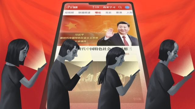 Dibujo de personas mirando sus celulares donde aparece Xi