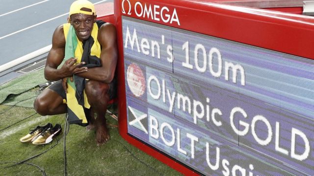 Usain Bolt luego de ganar los 100 metros planos en Río 2016