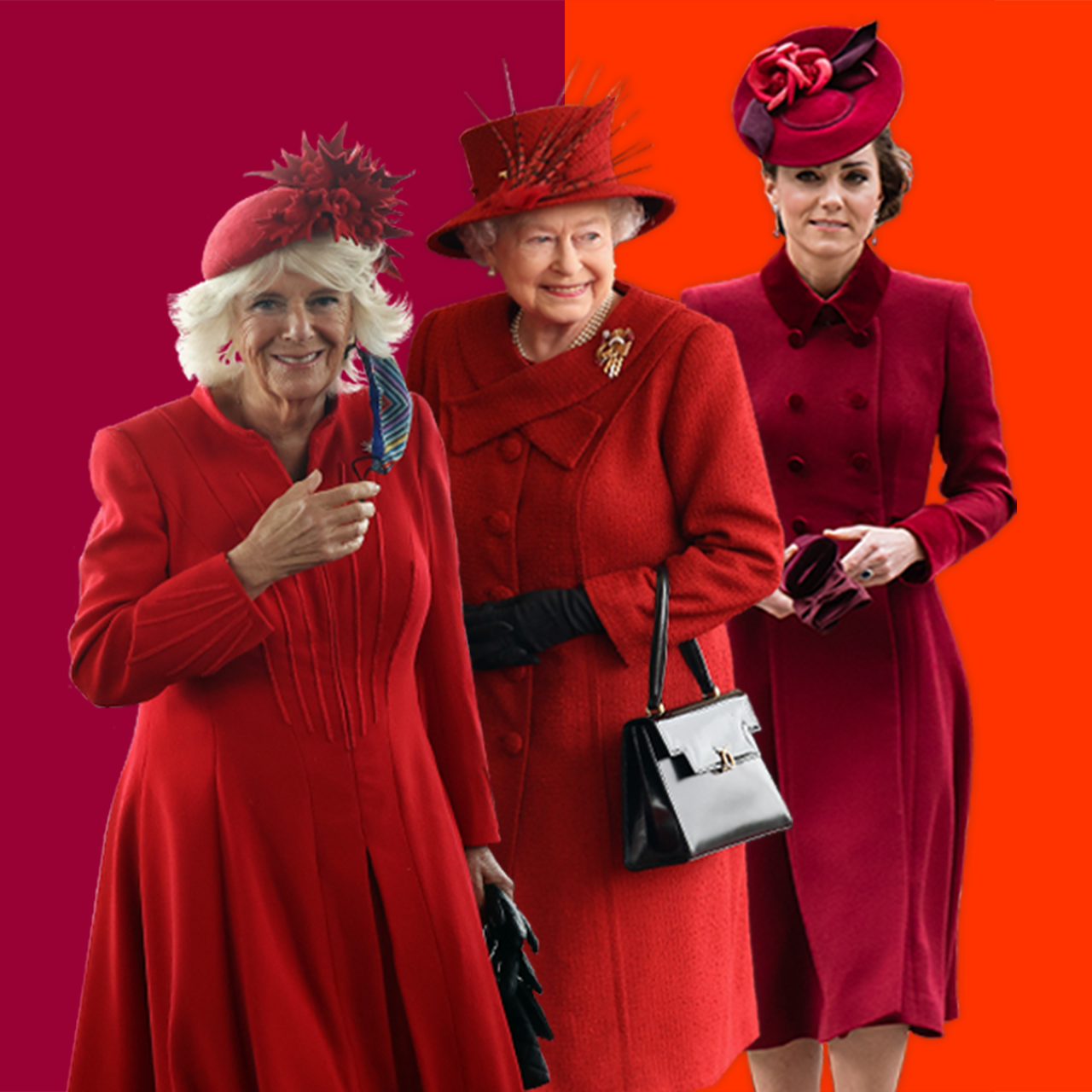 Rainha Elizabeth 2ª, Camilla (duquesa da Cornualha) e Kate (duquesa de Cambridge), todas vestindo roupas vermelhas