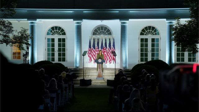 Melania Trump berbicara dari White House Rose Garden