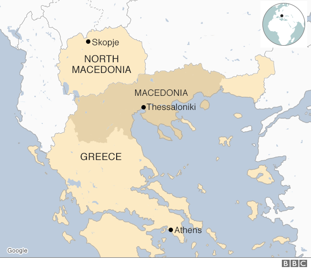 Map showing Greece and North Macedonia