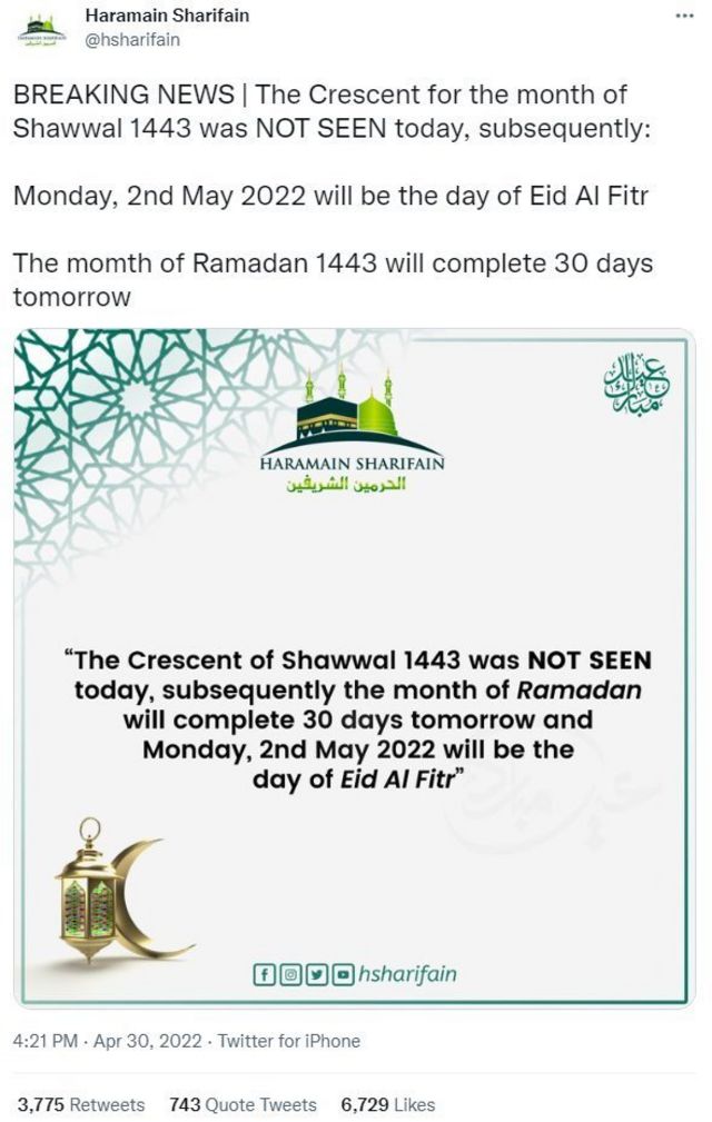 When be Eid Fitr 2022? Moon no show for Saudi Arabia, Eid go be on Monday May 2