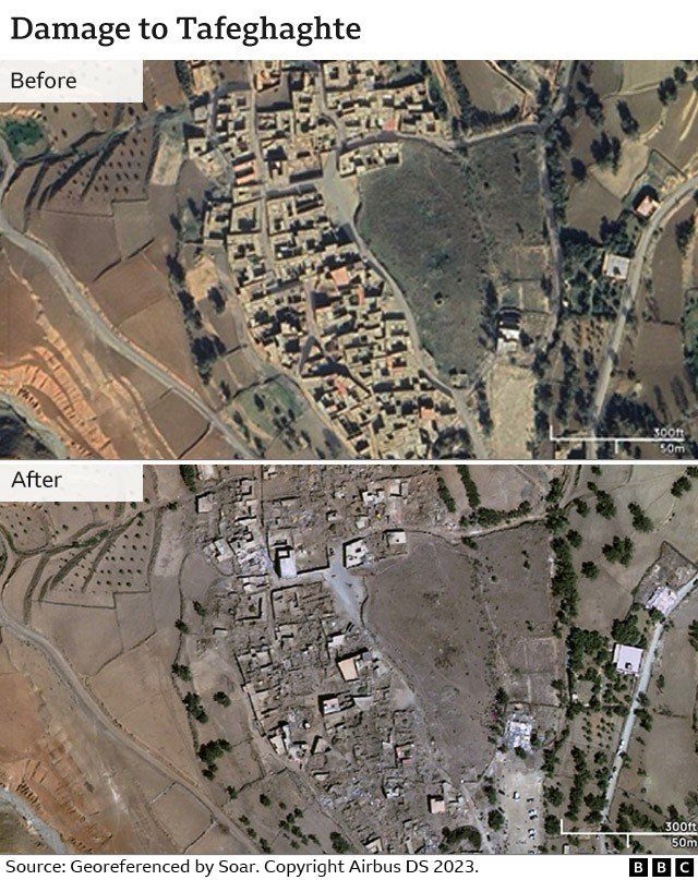 A split image showing a satellite view of the before and after damage to village