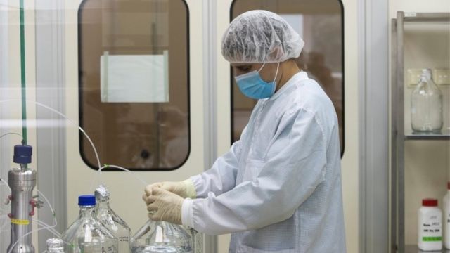 A specialist works at the Binnopharm pharmaceutical plant, part of the Alium Group owned by the Sistema financial corporation, which develops 