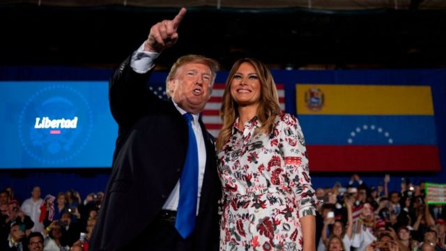 Donald and Melania Trump during an action in support of the Venezuelan opposition.