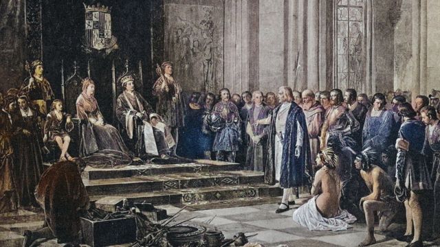 Representación de la visita de Cristóbal Colón a los Reyes Católicos en 1493.