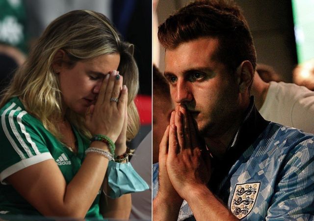 An English fan (2014) and a Brazilian fan (2021) pray for their favorite teams
