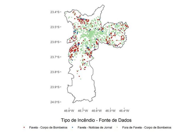 Mapa mostra incêndios ocorridos em favelas e fora delas no município de São Paulo entre 2011 e 2016, a partir de dados do Corpo de Bombeiros