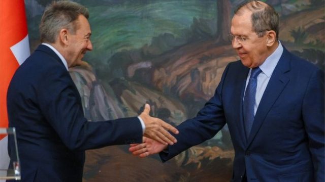 Russian Foreign Minister Sergei Lavrov and President of the International Committee of the Red Cross (ICRC) Peter Maurer shake hands during a news conference following their talks in Moscow, Russia March 24, 2022