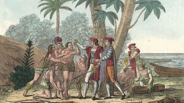 Taínos recibiendo a Cristóbal Colón.