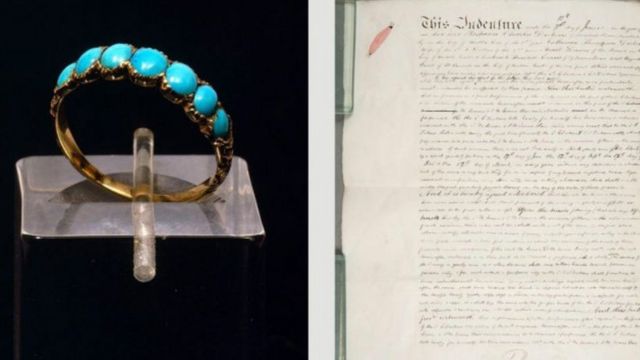 El anillo de compromiso que Charles regaló a Catherine en 1835, a la izquierda, y el parte de separación de la pareja en 1858, a la derecha.