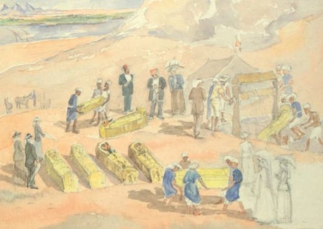 لوحة مرسومة بالألوان المائية لنقل المومياوات عبر النيل