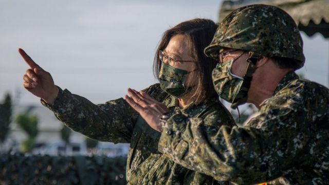 A handout photo made available by the Taiwan Ministry of National Defense shows President Tsai Ing-wen (L) attends the Emergency Take-off and Landing drill in Pingtung, Taiwan, 15 September 2021.