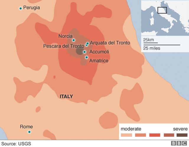 A map showing how an earthquake hit Italy