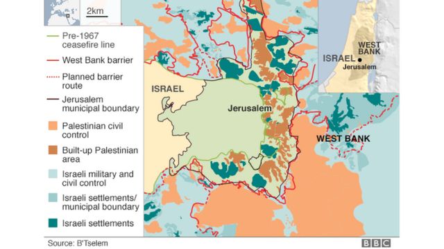 แผนที่แสดงเยรูซาเลม, เวสท์ แบงก์, ปาเลสไตน์ และอื่น ๆ