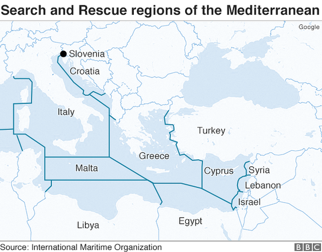 Map showing search and rescue zones in eastern Mediterranean