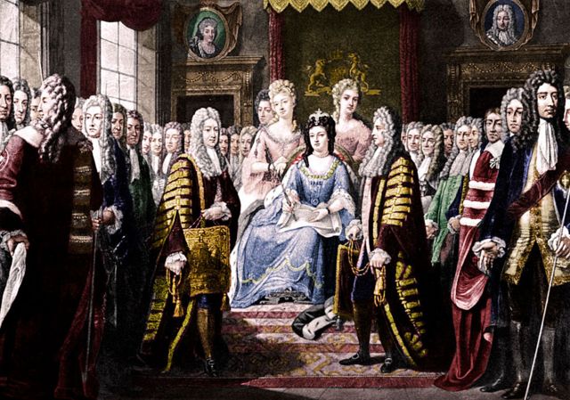 Los artículos de la Unión presentados por los comisionados a la reina Ana. Los Actos de la Unión fueron firmados en 1706 y 1707, creando el Reino de Gran Bretaña.